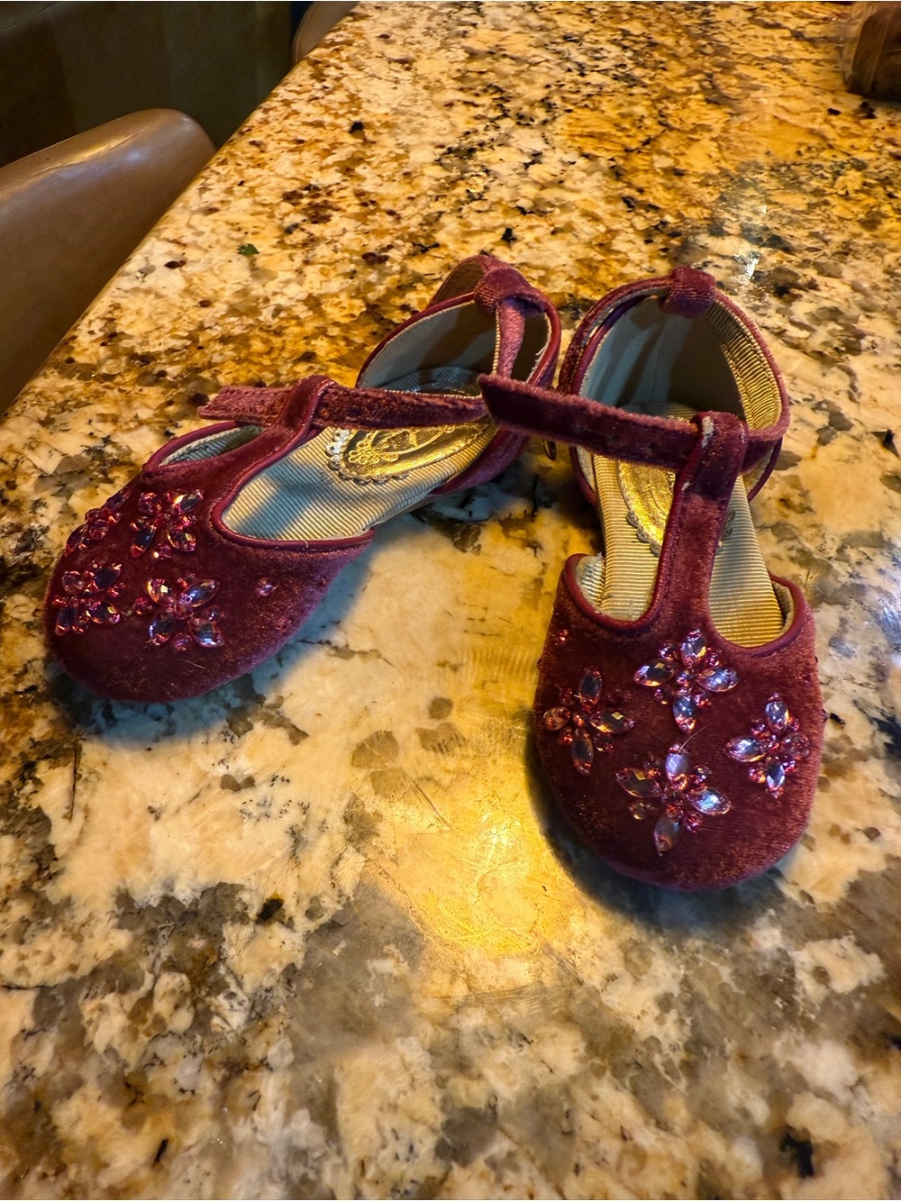 Joyfolie Girls Maroon Velvet Mary Janes with Pink Gem Flower Accents